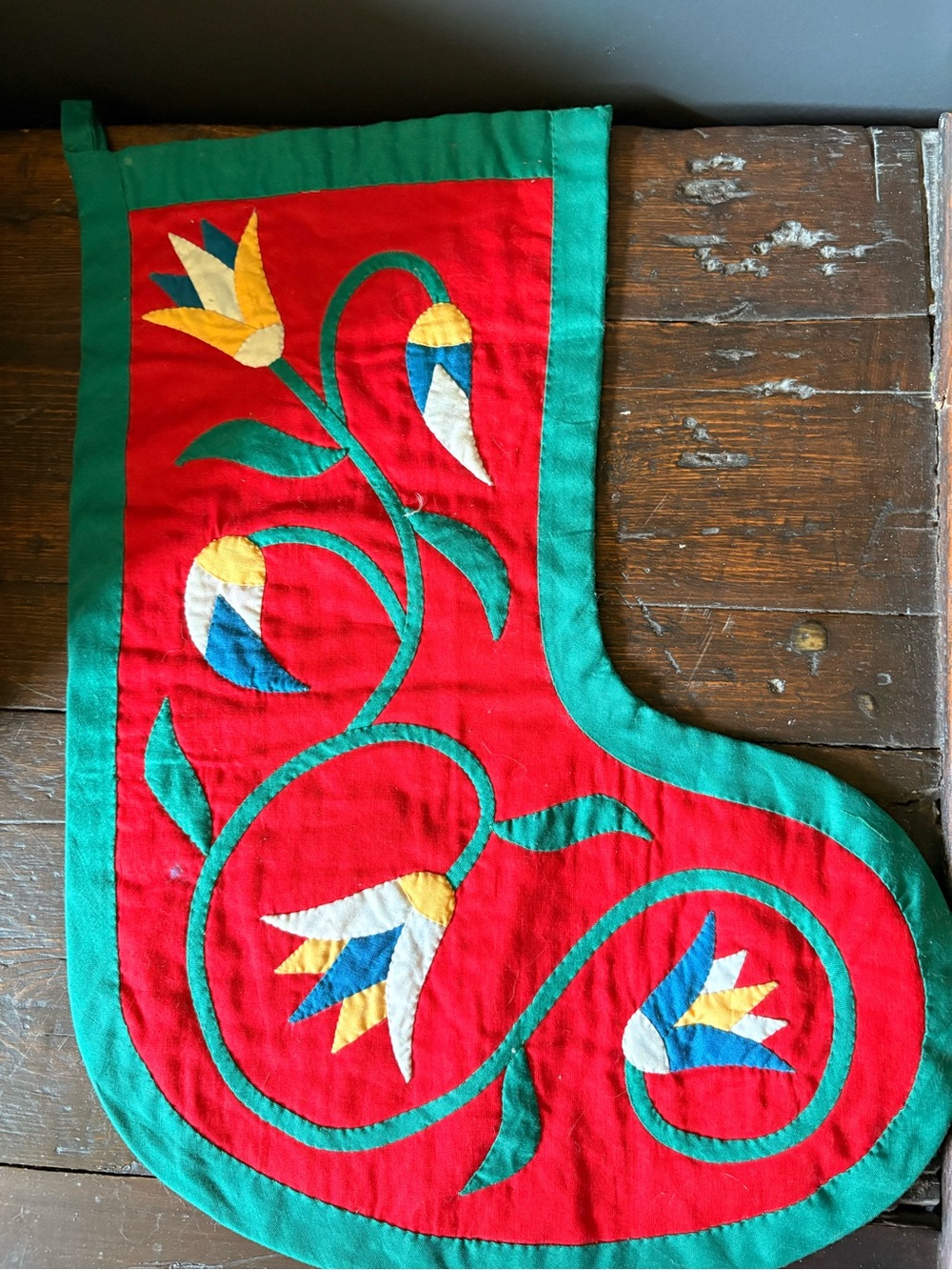 Vintage Egyptian Khayamiya Applique Christmas Stocking Handmade Lotus Flower Red